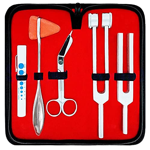 SurgicalOnline Percussion Taylor Reflex Hammer + C 128 & C 512 Tuning Forks + Bandage Scissors + Pupil Gauge Pen Light in Carrying Case - 6-Piece Set