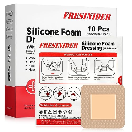 Silicone Foam Dressing with Adhesive Border – Wound Dressing Bandage – Silicone Foam Pad – Pack of 10 – 2 x 2 Inches Large Waterproof Bandages – Self Adhesive Wound Care and Dressings