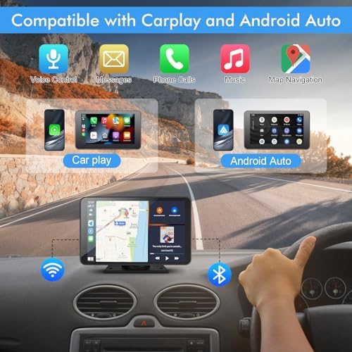 7" HD Portable Carplay Wireless Touch Screen Double Din Car Stereo Compatible Apple Carplay and Android Auto with GPS Navigation, Voice Control, Mirror Link, Bluetooth