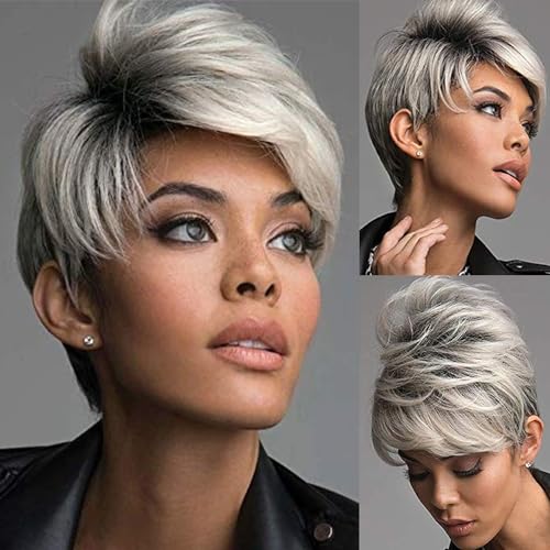 SEVENCOLORS Short Grey Wigs Ombre Gray Pixie Cut Wig with Dark Root Synthetic Natural Hair Short Silver Wigs for Black Women White Women
