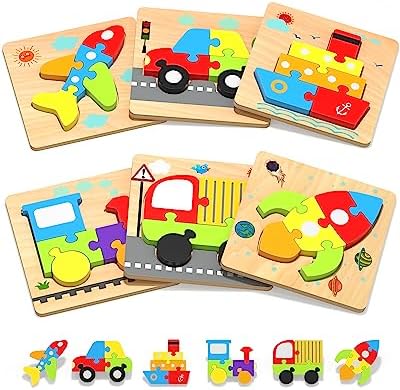 Yetonamr Wooden Toddler Puzzles Gifts Toys for 1 2 3 Years Old Boys Girls, 6 Vehicle Shape Montessori Toys Educational Blocks Easter Basket Stuffers Kids Gift Baby Learning Toy Age 1-3, 2-4
