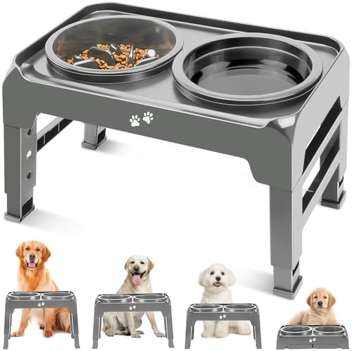 Elevated Dog Bowls, 2-in-1 Dog Feeder with Slow Feeder Dog Bowls & Dog Water Bowl, 4 Heights Adjustable Raised Dog Bowl Stand Non-Slip Dog Food Bowl for Medium Large Dogs, Grey