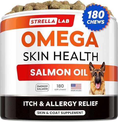 StrellaLab Omega 3 for Dogs - (180Ct) Fish Oil Treats - Allergy & Itch Relief Skin & Coat Supplement - Dry Itchy Skin, Anti Shedding & Hot Spots Treatment - Pet Salmon Oil Chews - Smoked Salmon Flavor