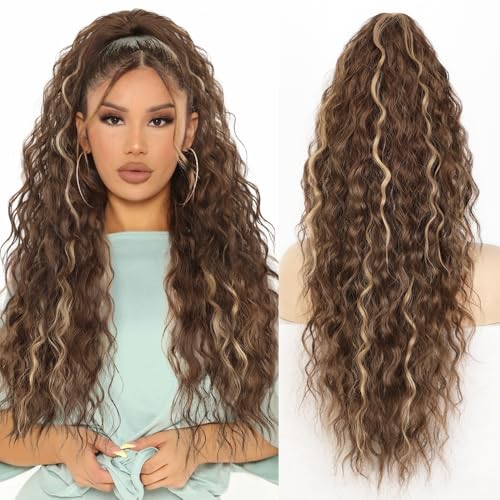 ALXNAN Claw Clip Ponytail,26 Inch Deep Brown with Dirty Blonde Ponytail Extension for Women Synthetic Long Curly Wavy Clip in Ponytail Hair Extensions Synthetic Hairpiece for Daily Party Use