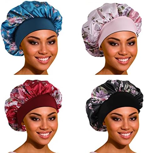 Satin Bonnet Hair Bonnet for Sleeping- 4 Pack Large Silk Bonnets for Black Women with Elastic Soft Band for Hair Care