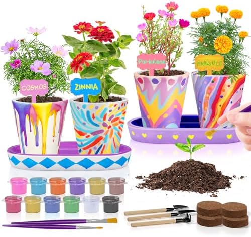 4 Set Paint & Plant Flower Gardening Kit - Gifts for Girls Ages 8-12, Arts and Crafts for Kids Ages 8-12, Kids Gardening Set, Birthday Toys Easter Gifts for Girls Boys Ages 4 5 6 7 8 9 10 11 12