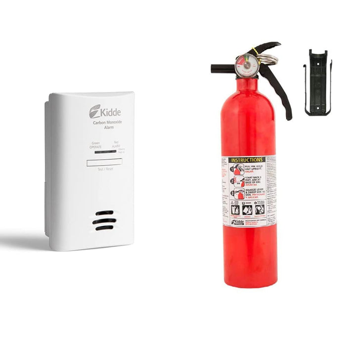 Kidde Carbon Monoxide Detector, Plug in Wall with AA Battery Backup, Test-Hush Button & Fire Extinguisher for Home, 1-A:10-B:C, Dry Chemical Extinguisher, Red, Mounting Bracket Included