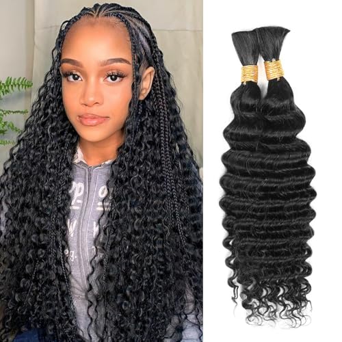 Human Braiding Hair 14 Inch 100g Natural Color Deep Wave Bulk Human Hair for Braiding No Weft Curly Bundles Human Hair Extensions for Boho Knotless Braids Wet and Wavy Braiding Hair (1B)