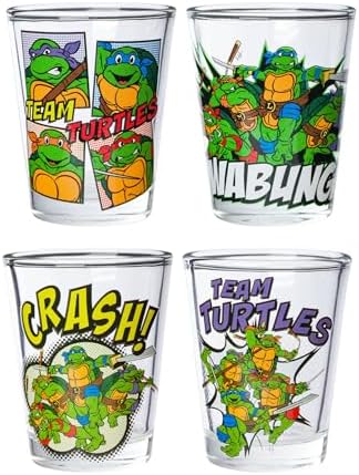 Silver Buffalo Teenage Mutant Ninja Turtles TMNT Featuring Leonardo, Rapheal, Donatello, and Michelangelo 4 Pack Mini Glass Set, 1.5 Ounces