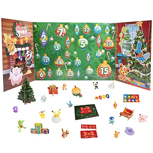 Pokemon Holiday Advent Calendar for Kids, 24 Piece Gift Playset - Set Includes Pikachu, Eevee, Jigglypuff and More - 16 Toy Character Figures & 8 Christmas Accessories - Ages 4+