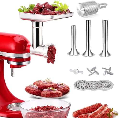 Stainless Steel Food Grinder Attachment for KitchenAid Mixers, Dishwasher Safe, Included 3 Sausage Stuffer Tubes and 1 Metal Knob Screw Accessory