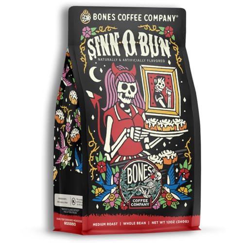Bones Coffee Company Decaf Sinn 'O' Bun Flavored Coffee Beans, Whole Bean Coffee Medium Roast Low Acid Decaffeinated, Cinnamon Roll Flavor (12 oz)