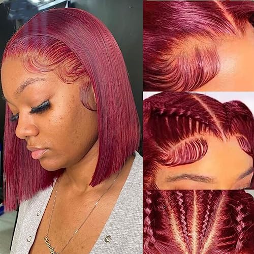 99J Burgundy Lace Front Wigs Human Hair Pre Plucked Red Bob Wig Human Hair 13x4 Frontal Lace Wig HD Transparent Short Human Hair Wigs for Black Women Wine Red Color (10 Inch, Burgundy 99J)