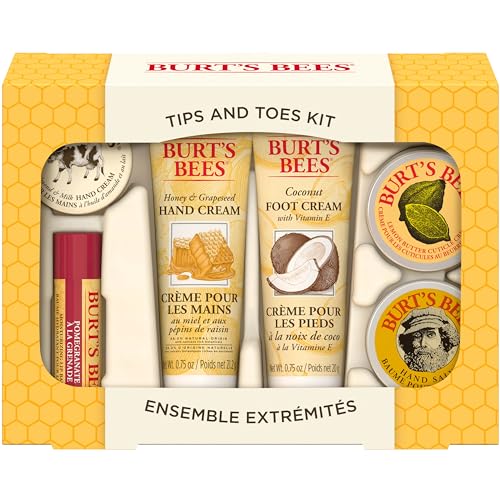 Burt's Bees Tips and Toes Kit Valentines Day Gifts Set, 6 Travel Size Products in Gift Box - 2 Hand Creams, Foot Cream, Cuticle Cream, Hand Salve and Lip Balm