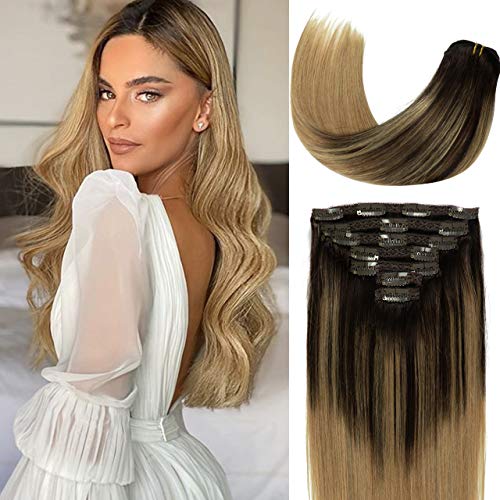 Lacer Balayage Clip in Hair Extensions B#2/12 Darkest Brown to Light Golden Brown Color Remy Human Hair Extensions Clip in Real Natural Hair Extensions Straight Thick 120g 16 Inch