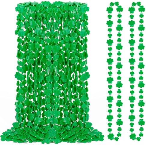 24PCS St Patricks Day Necklace, Shamrock Green Beads St Patrick's Day Necklace, Irish Saint Patricks Day Accessories Bulk, St. Patricks Day 4 Leaf Clover Decorations Throw for Parade Party Supplies