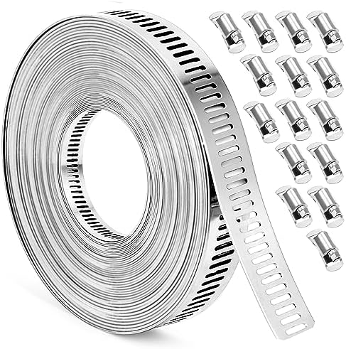 Hose Clamp, DIY 36 FT Metal Strapping with Holes + 15 Fasteners, Hose Clamps Stainless Steel, Large Adjustable Worm Gear Hose Clamps Pipe Clamps Band Clamp for Pipe Automotive Mechanical Applications