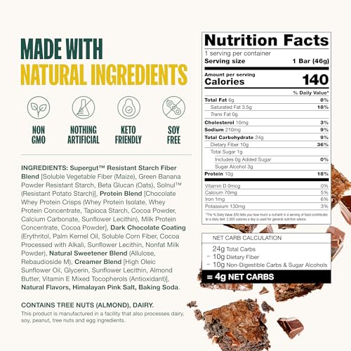 Supergut Prebiotic Bars | Meal Replacement | Boost GLP-1 | High Fiber and Protein | No Added Sugar | Keto Food, Meal, Snack (Chocolate Brownie, 12 Count)