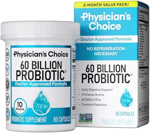 Physician's CHOICE Probiotics 60 Billion CFU - 10 Strains + Organic Prebiotics - Immune, Digestive & Gut Health - Supports Occasional Constipation, Diarrhea, Gas & Bloating - for Women & Men - 60ct