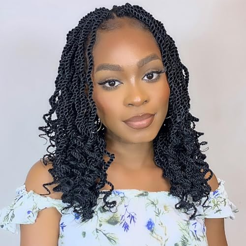Leeven 12 Inch Wavy Senegalese Twist Crochet Hair 8 Packs Black Pre Looped Short Crochet Braids Pre Twisted Small Havana Twist with Curly Ends Synthetic Braiding Hair for Women