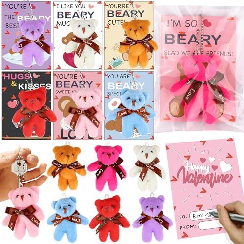 28 Pack Valentiens Day Gifts for Kids School Valentines Day Cards with Mini Bear Plush Toy Keychains, Valentines for Kids Classroom Valentines Exchange Gifts Class Valentines Party Favors for Boy Girl
