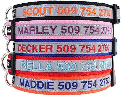 GoTags Reflective Personalized Dog Collar, Custom Embroidered with Pet Name and Phone Number in Black for Boy and Girl Dogs, Adjustable Small