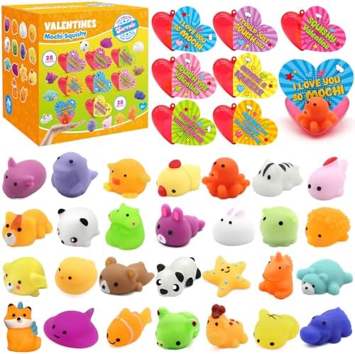 28 Pack Valentine Mochi Squishies Gifts for Kids, Greeting Cards and Animal Mochi Squishies Filled Heart-Shape Box Kawaii Squishies Stress Relief Fidget Toys Classroom Exchange Party Favors