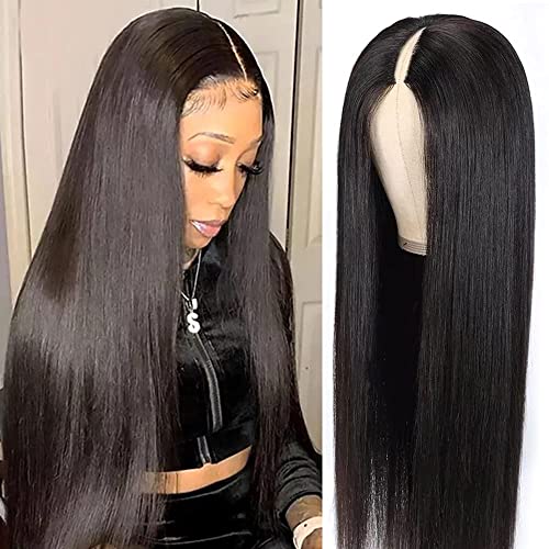 Straight V Part Wigs Human Hair Upgrade U Part Human Hair Wigs for Women Glueless Full Head Clip In Half Wigs 180% Density Natural Color 28inch