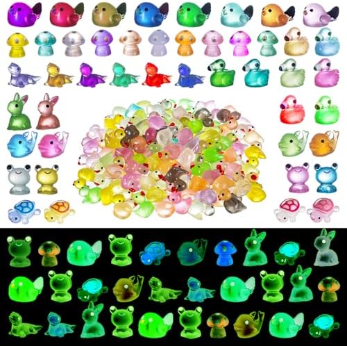 200PCS Luminous Mini Resin Ducks Tiny Frog Flamingo Glow in The Dark Animals Mushroom Rabbit Dolphin Dollhouse Landscape Garden Micro Décor Aquarium Potted Figurine Turtle Lizard DIY Hide Seek Prank