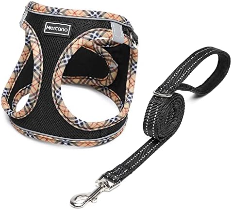 Mercano Soft Mesh Dog Harness and Leash Set, No-Chock Step-in Reflective Breathable Lightweight Easy Walk Escape Proof Vest Harnesses with Safety Buckle for Small Medium Dogs, Cats (Black Yellow, M)