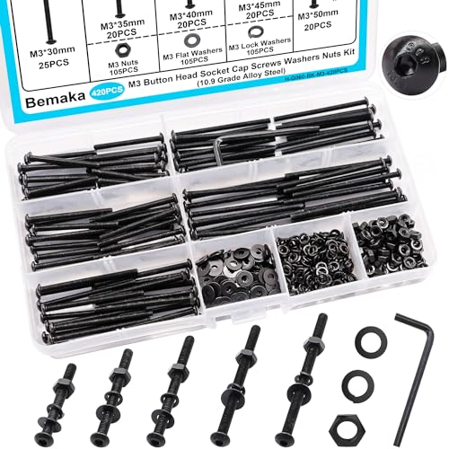 420PCS Black M3 Button Head Hex Socket Cap Screws, M3 x 30/35/40/45/50mm Metric Screws Bolts Nuts Washers Assortment Kit, 10.9 Grade Alloy Steel