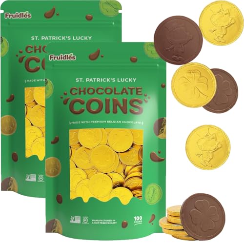 Fruidles St. Patrick's Day Chocolate Coins Lucky Gold Coins Foils, Belgian Milk Chocolate Coins Bag Nut-Free (200-Pack)