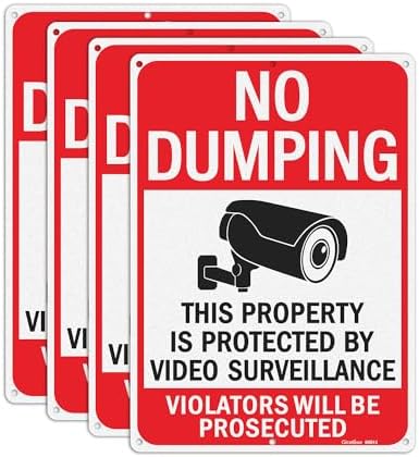GicnKeuz Large No Dumping signs, 14x10 Inches Property Protected by Video Surveillance signs, Reflective Aluminum, Fade Resistant/Waterproof, Indoor or Outdoor Use (4-Pack)