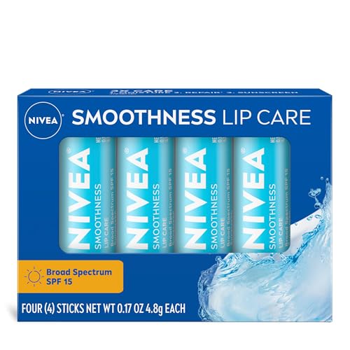NIVEA Smoothness Lip Care, Sunscreen Lip Balm with SPF 15 Broad Spectrum, Shea Butter, Nourishing Oils and Vitamin C & E, 3-in-1 Moisture, Repair (for Dry Lips) and Sunscreen, 0.17 Oz Stick, Pack of 4
