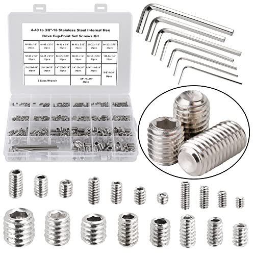 380Pcs 19 Sizes #4-40 to 3/8"-16 UNC Standard SAE Hex Socket Cup Point Set Screws, Allen Head Grub Screws, Internal Hex Drive Headless Screws Assortment with 7pcs Hex Keys, 304 Stainless Steel