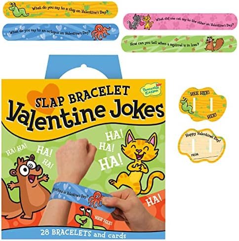 Peaceable Kingdom Valentines Cards for Kids Classroom, Set of 28 Valentines Day Gifts - Jokes Slap Bracelets