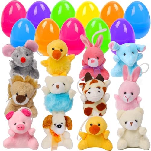 Juegoal 12 Pack Easter Eggs Filled with Mini Animal Plush Toy Set, Cute Small Stuffed Basket Animal Keychain Set, Goodie Bag Fillers, Carnival Prizes, Assortment Kids Easter Egg Filter Party Favors
