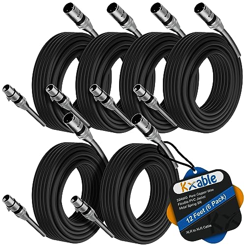 XLR to XLR Cable (12 Feet, 6 Pack) Multiple Premium XLR Microphone Cables, Heavy Duty 22AWG OFC XLR Male to Female Cord, 3-Pin Shielded Mic Speaker Cable, Zinc Alloy Connectors, Metal Spring SR, Black