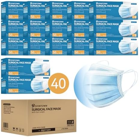 Jointown Disposable Face Masks, ASTM Level 2 Surgical Mask with 3 Ply Protection & Elastic Earloop, 2000 Pack Blue
