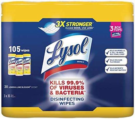 LYSOL 82159 Disinfecting Wipes, 7 x 8, Lemon and Lime Blossom, 35/Canister, 3/Pack