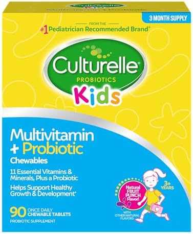 Culturelle Kids Complete Chewable Multivitamin + Probiotic for Kids, Ages 3+, 90 Count, Digestive Health, Oral Health & Immune Support - with 11 Vitamins & Minerals, Including Vitamin C, D3 & Zinc