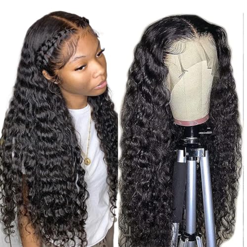 Curly Lace Front Wig Human Hair 26 Inch 13x4 180% Density Deep Wave Lace Front Wigs Human Hair HD Transparent Lace Frontal Wigs Pre Plucked Natural Colo
