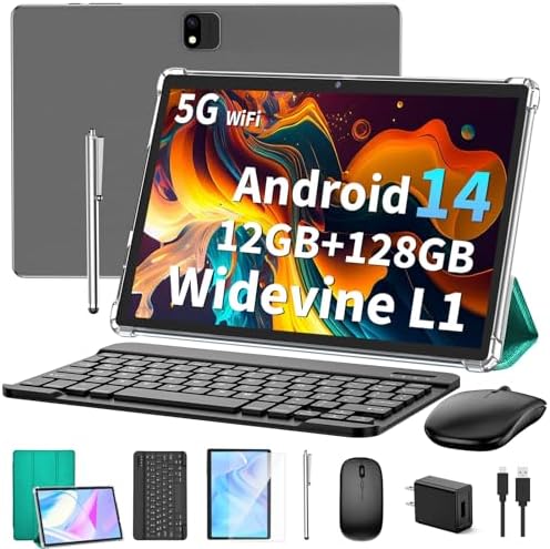 Android Tablet with Keyboard, Android 14 Tablet, 12(4+8) GB+128GB, 1TB Expand, 2 in 1 Tablet 10 inch Tablet with Case, Mouse, Stylus, 8000mAh Battery（Green）