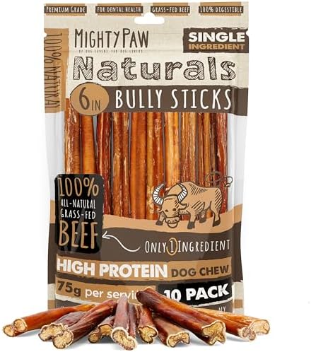 Mighty Paw Naturals Bully Sticks for Small & Medium Dogs - Grass Fed Beef Chews. Bully Sticks for Large Dogs. Lower Odor Stick Treat. Single Ingredient (6" - 10 Pack)