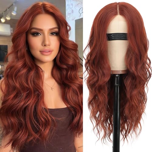 Nnzes Long Auburn Wavy Wig for Women Middle Part Curly Wigs Natural Looking Auburn Synthetic Heat Resistant Fiber Women Wigs for Cosplay Daily Use 26Inch