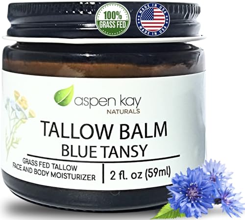 Aspen Kay Naturals Handmade 100% Grass Fed Beef Tallow Balm for Skin Care, With Organic Jojoba Oil + Chamomile (Blue Tansy) Organic Body Butter - 2 fl. oz. Made in USA
