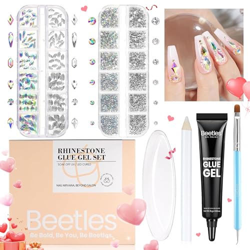 Beetles Gel Polish Nail Glue with Nail Gems Set, 15ml Nail Rhinestone Glue &120+2000Pcs Crystal Glass AB Rhinestones For Nails art, Nail Gems with Double-Ended Clean Up Nail Brush Gifts for Girls