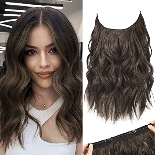 REECHO Invisible Wire Hair Extensions with Thinner Softer Lace Weft Adjustable Size Removable Secure Clips in Wavy Secret Hairpiece for Women 12 Inch (Pack of 1) - Dark Brown