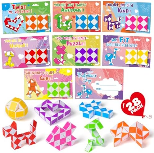 Jumlys Valentines Cards for Kids Classroom, 28 Packs Valentines Cards with Snake Cubes Twist Toys, Ideal Kids Exchange Gifts for School, Perfect Valentines Party Favors for Kids Boys Girls