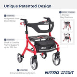 Drive Medical Nitro Sprint Foldable Rollator Walker with Seat, Tall Height Lightweight Rollator with Large Wheels, Folding Rollator, Four Wheel Rolling Walker, Red